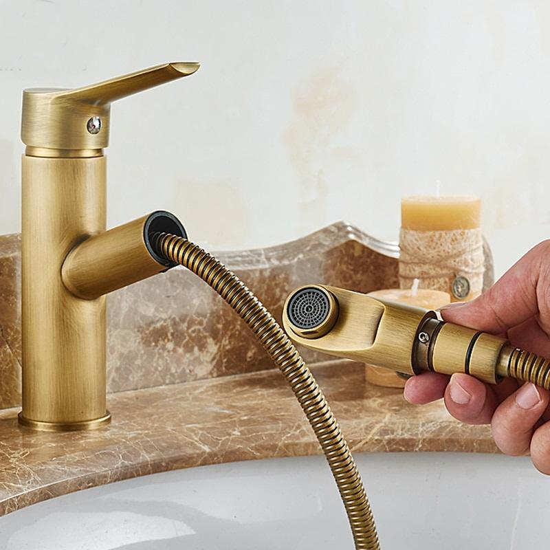 Deck Mounted Antique Brass Pull Out Bathroom Faucet ATY Home Decor