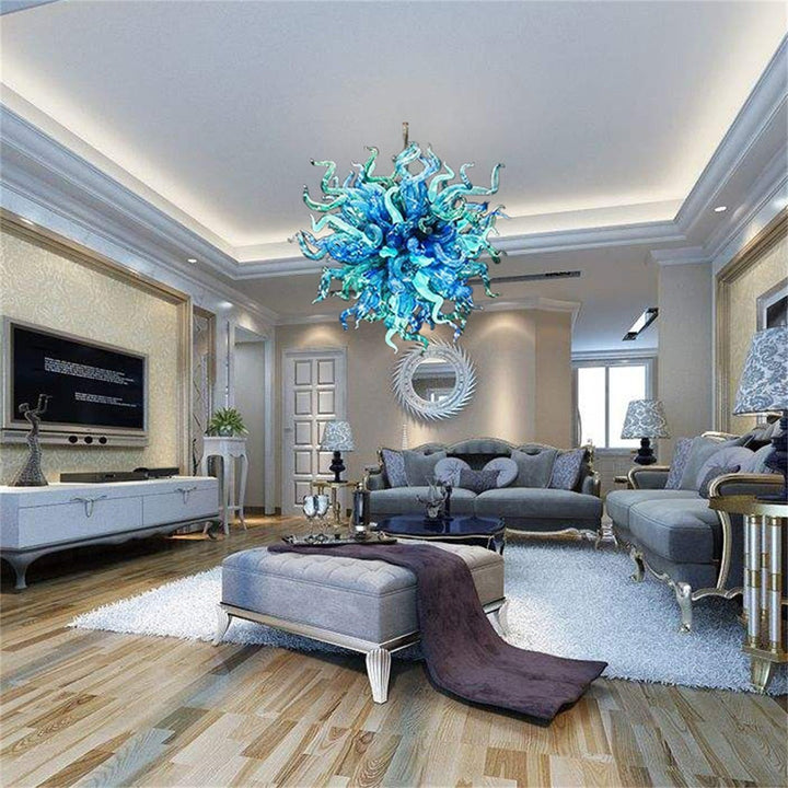 Farget blå og grønn lysekrone i glassskjerm med LED-lys Håndblåst venetiansk glass