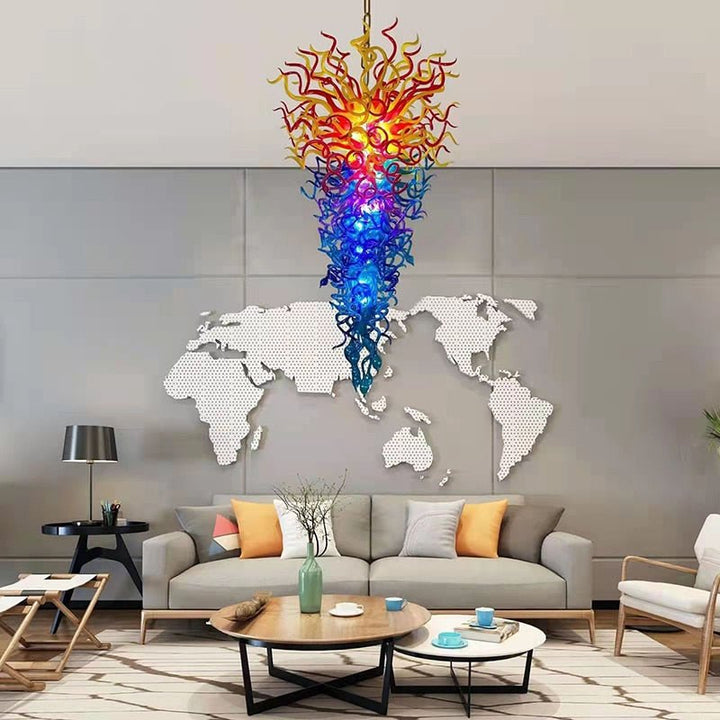 Großer dekorativer Kronleuchter Hoch Hängend Orange Blau Pendelleuchte Spirale Treppe Lang Modern Luxus Glas