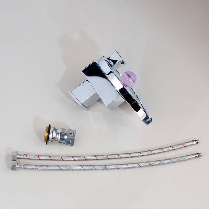 Led Bathroom Faucet Brass Chromed Waterfall Bathroom Basin Faucets 3 Color Change Tap Water Power Basin Led Mixer Faucet