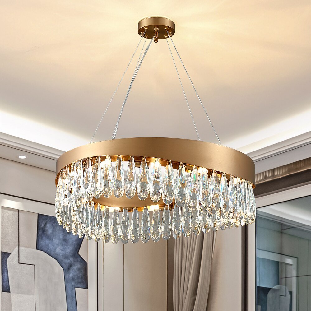 Led Børstet Guld Stue Lysekrone Kunst Design Luksus K9 Krystal Lampe Lysarmatur Moderne Rund