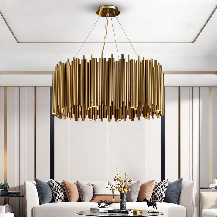 Lustre moderne luxueux en or pour le salon Lampe suspendue à LED en acier inoxydable Design créatif rond