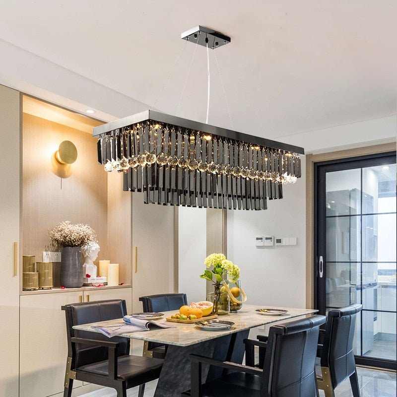 Modern Black Crystal Chandelier For Dining Room Rectangle Kitchen Island Suspension Crystal Lamps