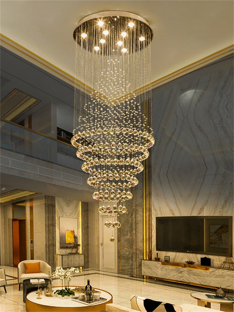 Modern LED Crystal Villa Chandelier Droplight Long Circular Crystal Lighting - ATY Home Decor