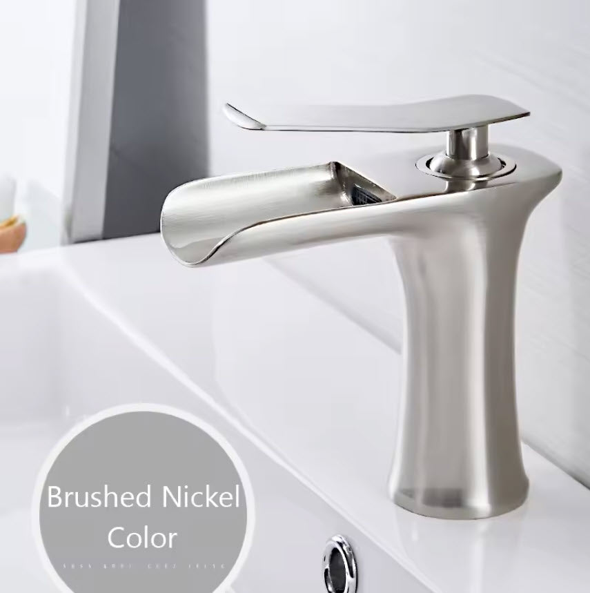 Modern Sleek Brass Waterfall Short Basin Faucet with Single Handle Hot and Cold Water Mixer