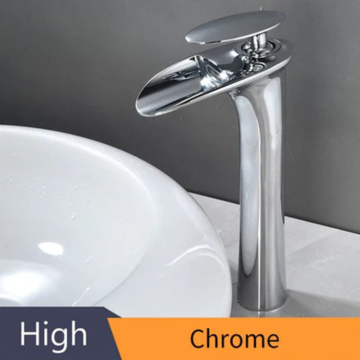Modern Sleek Brass Waterfall Tall Basin Faucet with Single Handle Hot and Cold Water Mixer