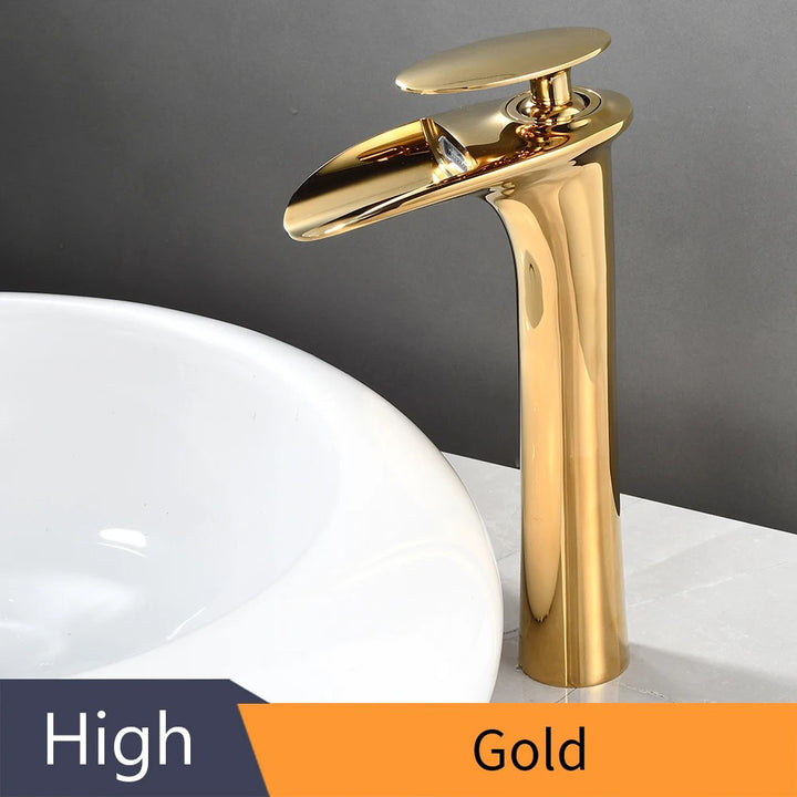 Modern Sleek Brass Waterfall Tall Basin Faucet with Single Handle Hot and Cold Water Mixer