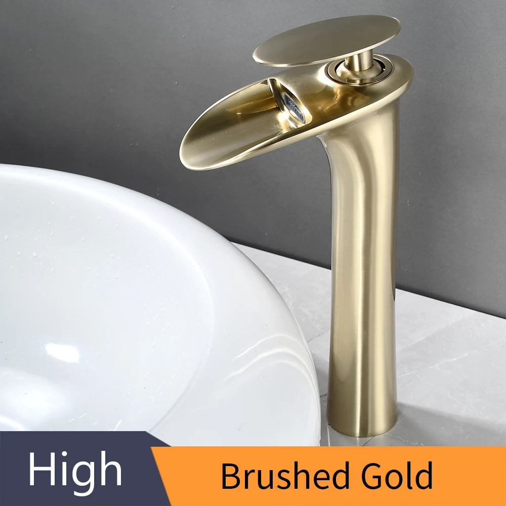 Modern Sleek Brass Waterfall Tall Basin Faucet with Single Handle Hot and Cold Water Mixer