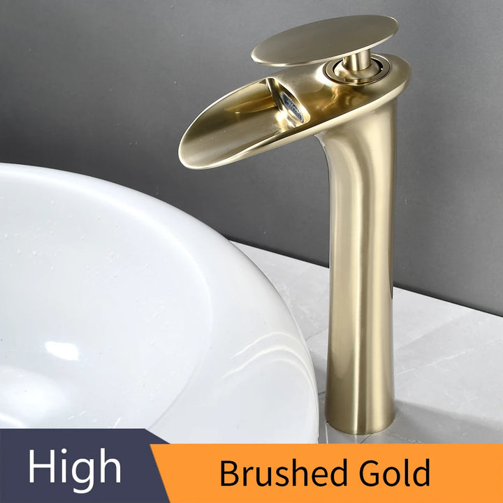 Modern Sleek Brass Waterfall Tall Basin Faucet with Single Handle Hot and Cold Water Mixer