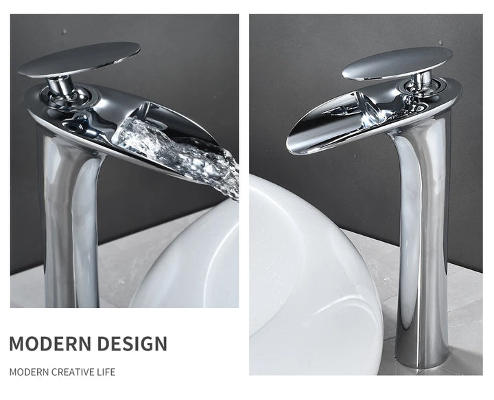 Modern Sleek Brass Waterfall Tall Basin Faucet with Single Handle Hot and Cold Water Mixer