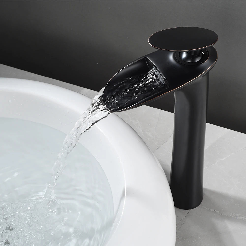Modern Sleek Brass Waterfall Tall Basin Faucet with Single Handle Hot and Cold Water Mixer