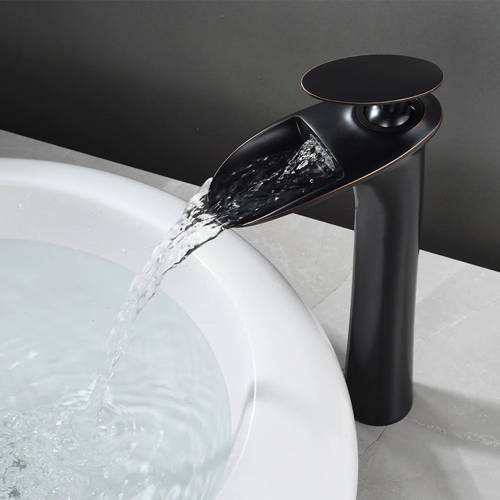 Modern Sleek Brass Waterfall Tall Basin Faucet with Single Handle Hot and Cold Water Mixer