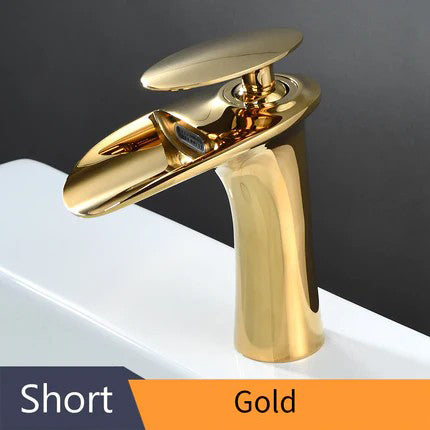 Modern Sleek Brass Waterfall Short Basin Faucet with Single Handle Hot and Cold Water Mixer