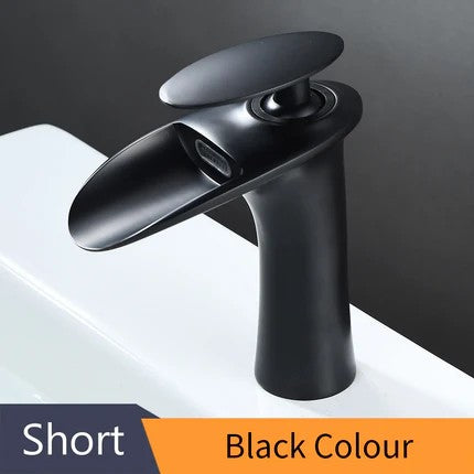 Modern Sleek Brass Waterfall Short Basin Faucet with Single Handle Hot and Cold Water Mixer