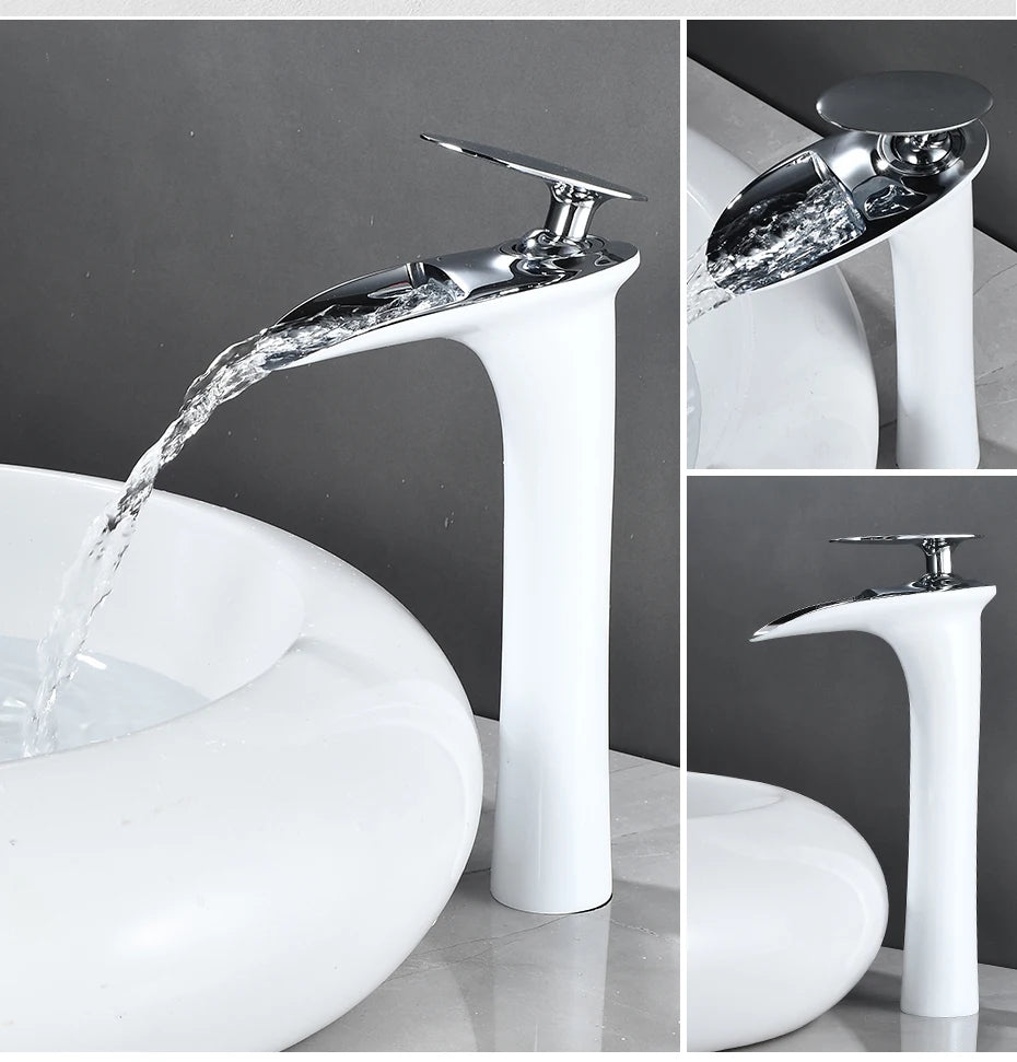 Modern Sleek Brass Waterfall Tall Basin Faucet with Single Handle Hot and Cold Water Mixer