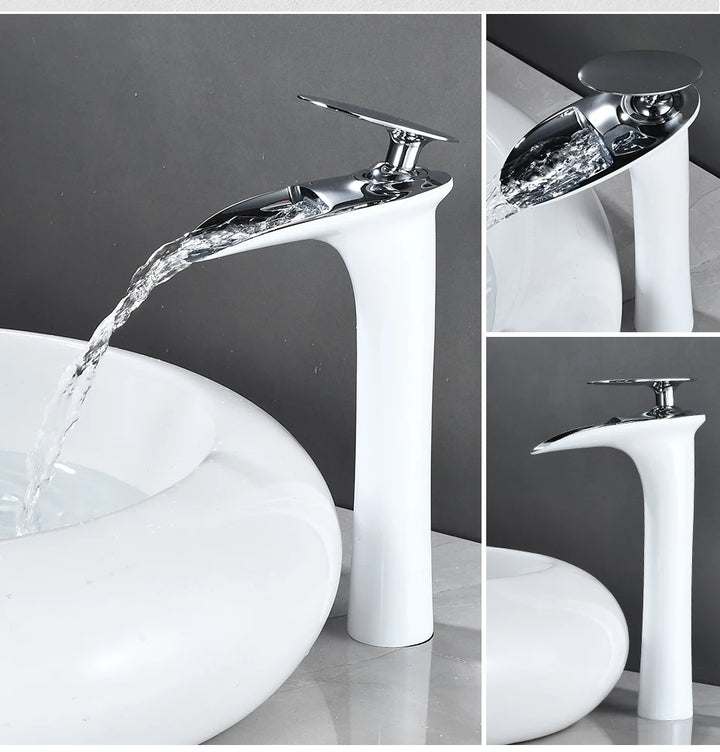 Modern Sleek Brass Waterfall Tall Basin Faucet with Single Handle Hot and Cold Water Mixer