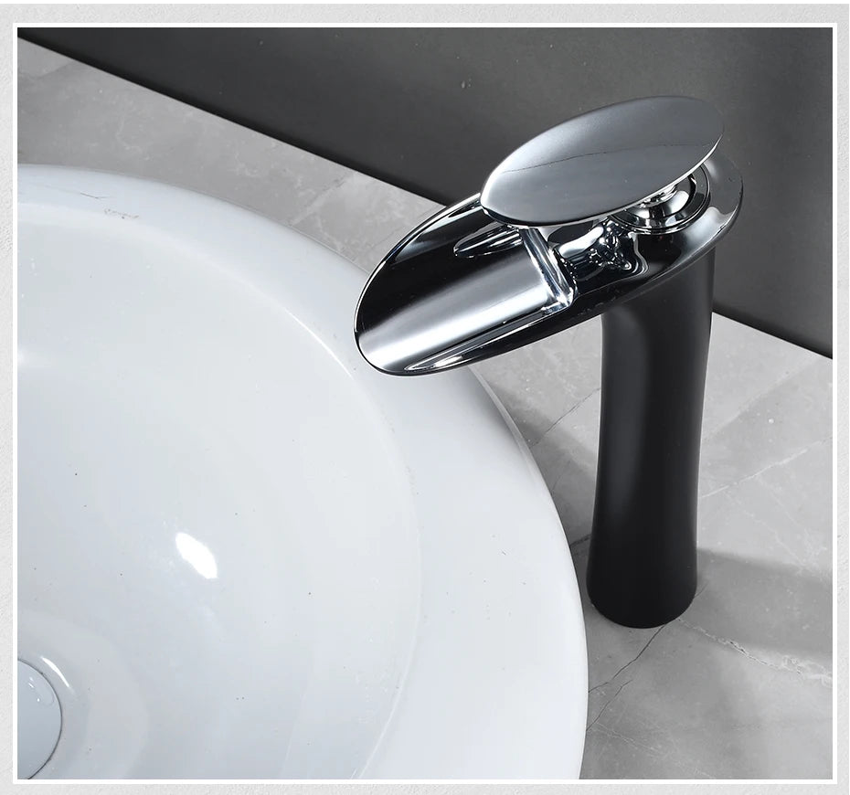 Modern Sleek Brass Waterfall Tall Basin Faucet with Single Handle Hot and Cold Water Mixer