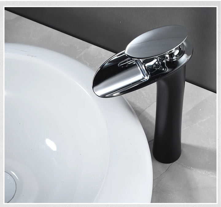 Modern Sleek Brass Waterfall Tall Basin Faucet with Single Handle Hot and Cold Water Mixer