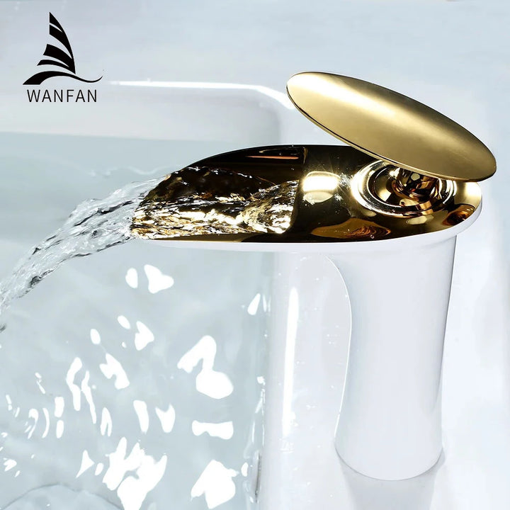 Modern Sleek Brass Waterfall Short Basin Faucet with Single Handle Hot and Cold Water Mixer