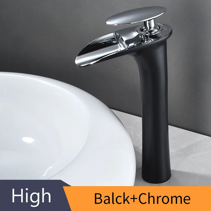 Modern Sleek Brass Waterfall Tall Basin Faucet with Single Handle Hot and Cold Water Mixer
