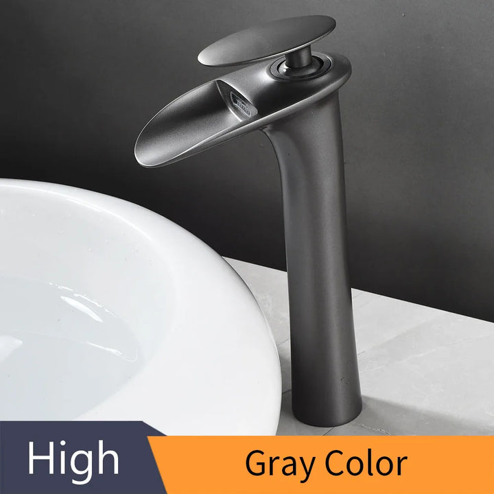 Modern Sleek Brass Waterfall Tall Basin Faucet with Single Handle Hot and Cold Water Mixer