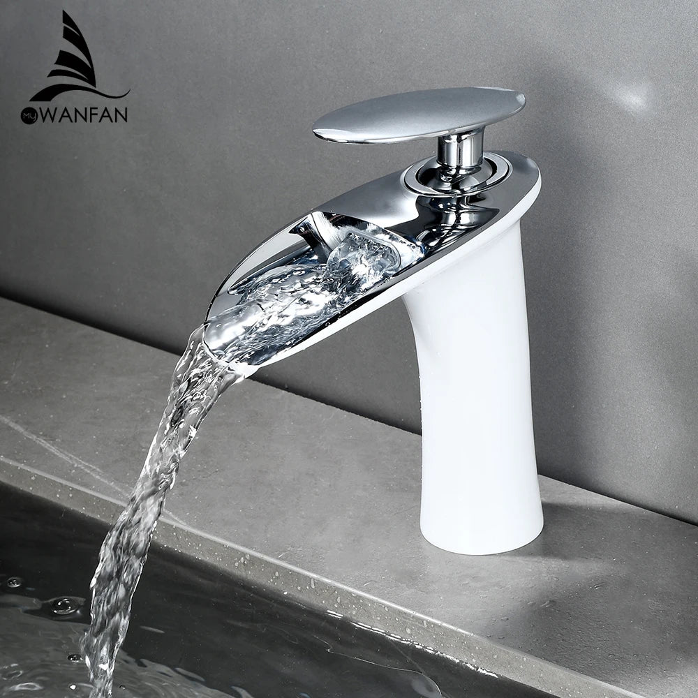 Modern Sleek Brass Waterfall Short Basin Faucet with Single Handle Hot and Cold Water Mixer