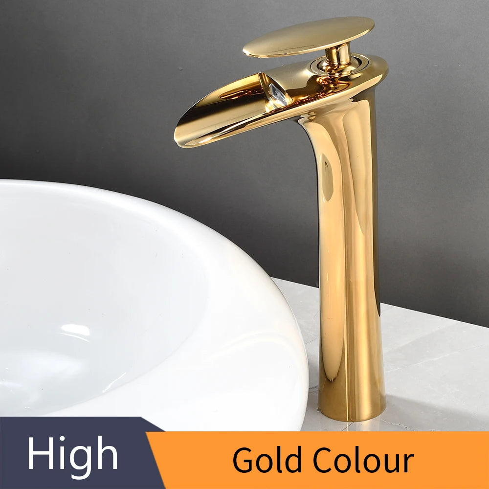 Modern Sleek Brass Waterfall Tall Basin Faucet with Single Handle Hot and Cold Water Mixer