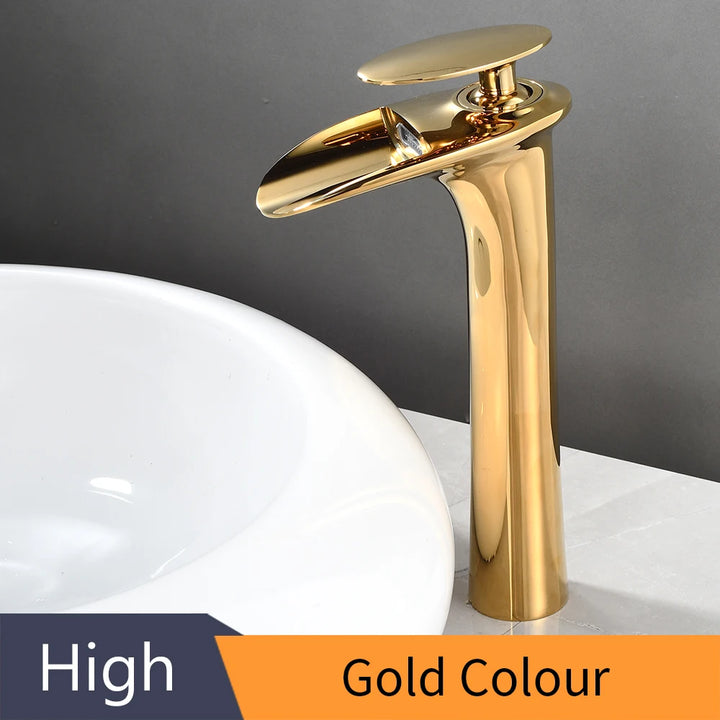 Modern Sleek Brass Waterfall Tall Basin Faucet with Single Handle Hot and Cold Water Mixer