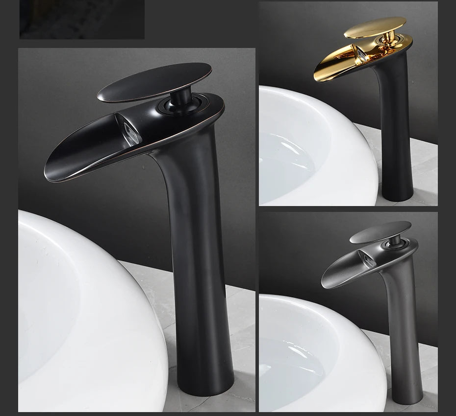 Modern Sleek Brass Waterfall Tall Basin Faucet with Single Handle Hot and Cold Water Mixer
