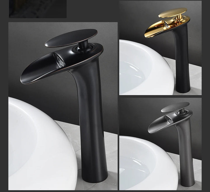 Modern Sleek Brass Waterfall Tall Basin Faucet with Single Handle Hot and Cold Water Mixer