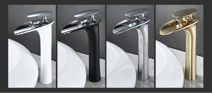 Modern Sleek Brass Waterfall Tall Basin Faucet with Single Handle Hot and Cold Water Mixer