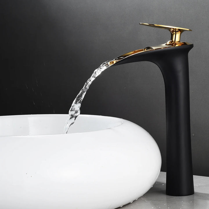 Modern Sleek Brass Waterfall Tall Basin Faucet with Single Handle Hot and Cold Water Mixer