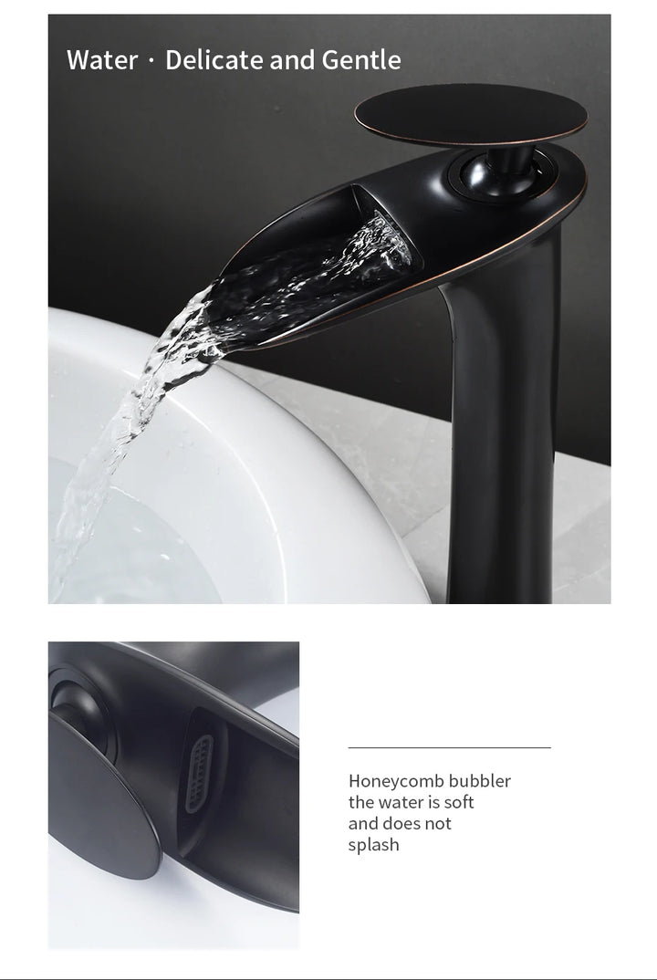 Modern Sleek Brass Waterfall Tall Basin Faucet with Single Handle Hot and Cold Water Mixer