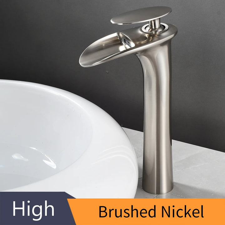 Modern Sleek Brass Waterfall Tall Basin Faucet with Single Handle Hot and Cold Water Mixer