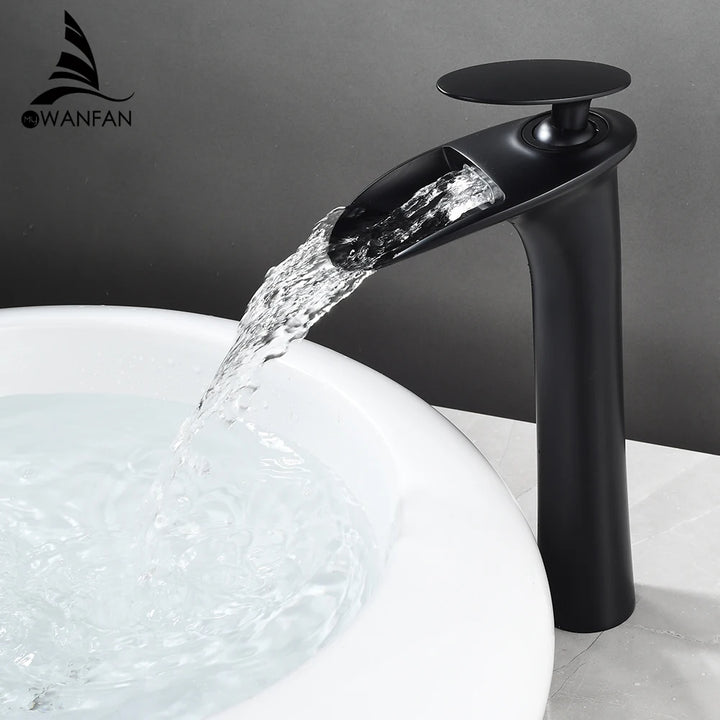 Modern Sleek Brass Waterfall Tall Basin Faucet with Single Handle Hot and Cold Water Mixer