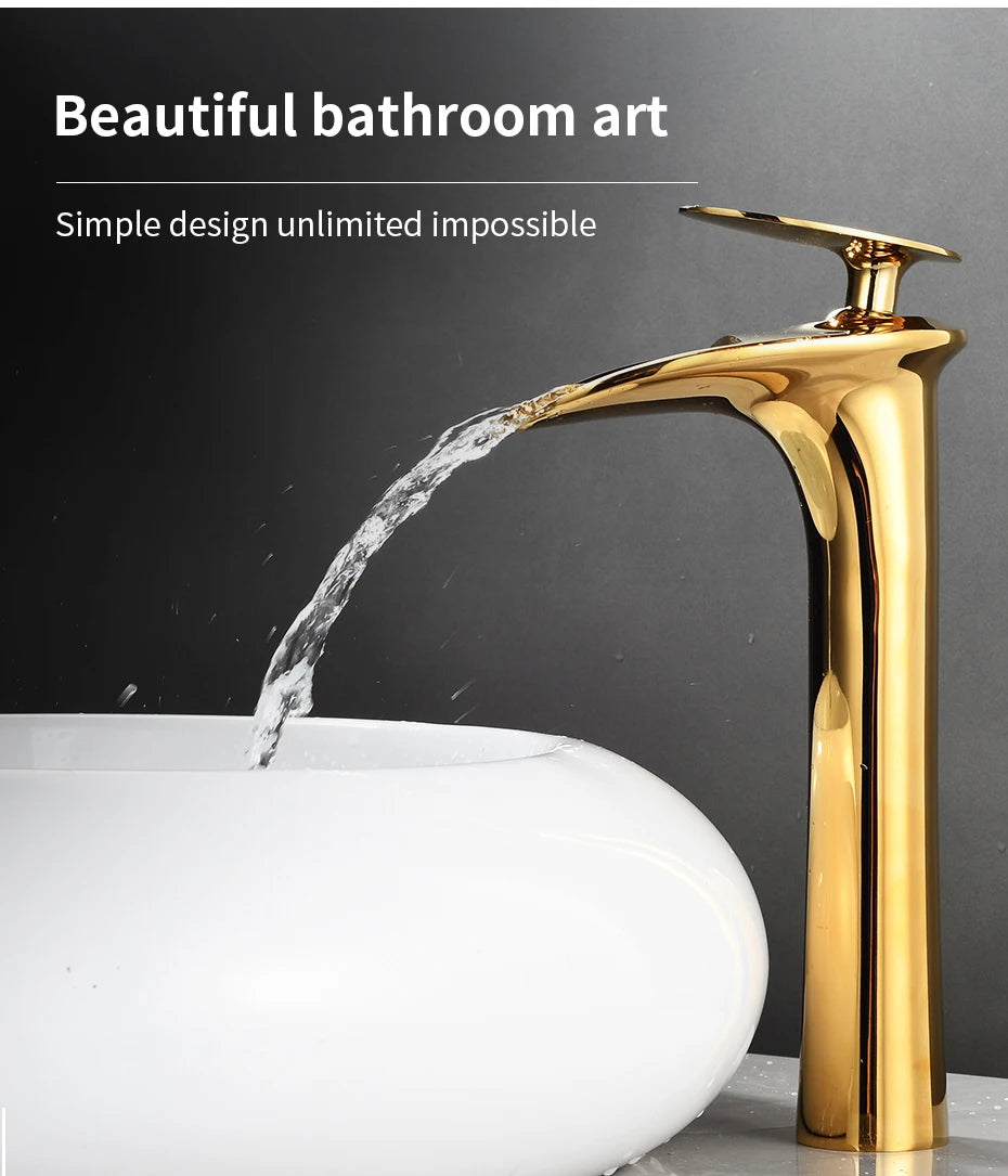 Modern Sleek Brass Waterfall Tall Basin Faucet with Single Handle Hot and Cold Water Mixer