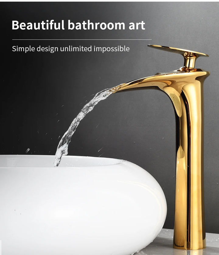 Modern Sleek Brass Waterfall Tall Basin Faucet with Single Handle Hot and Cold Water Mixer