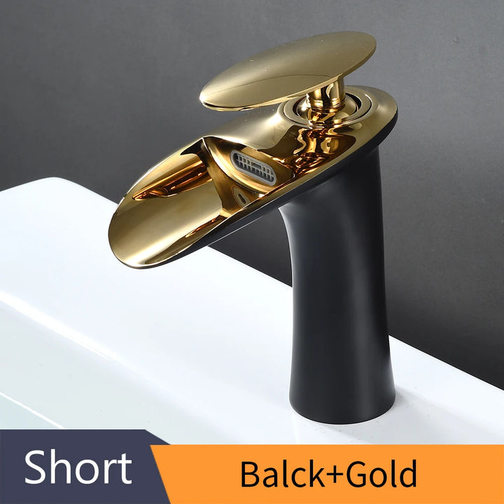 Modern Sleek Brass Waterfall Short Basin Faucet with Single Handle Hot and Cold Water Mixer