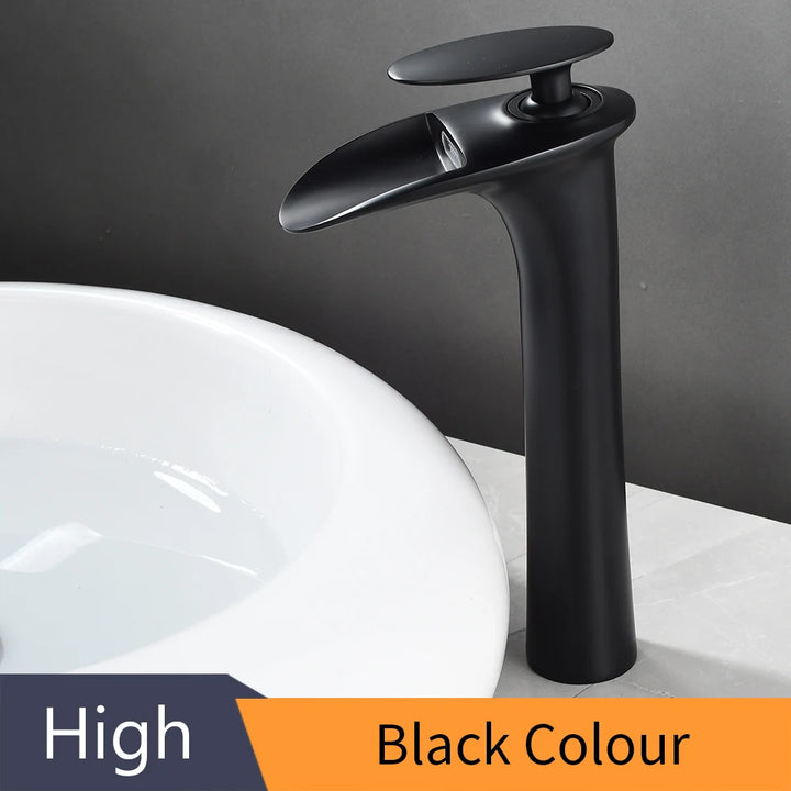Modern Sleek Brass Waterfall Tall Basin Faucet with Single Handle Hot and Cold Water Mixer