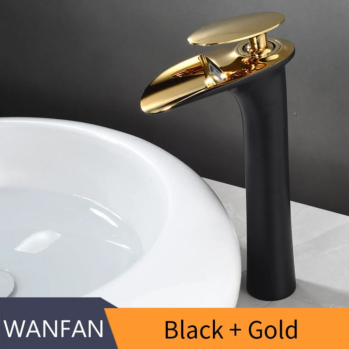 Modern Sleek Brass Waterfall Tall Basin Faucet with Single Handle Hot and Cold Water Mixer