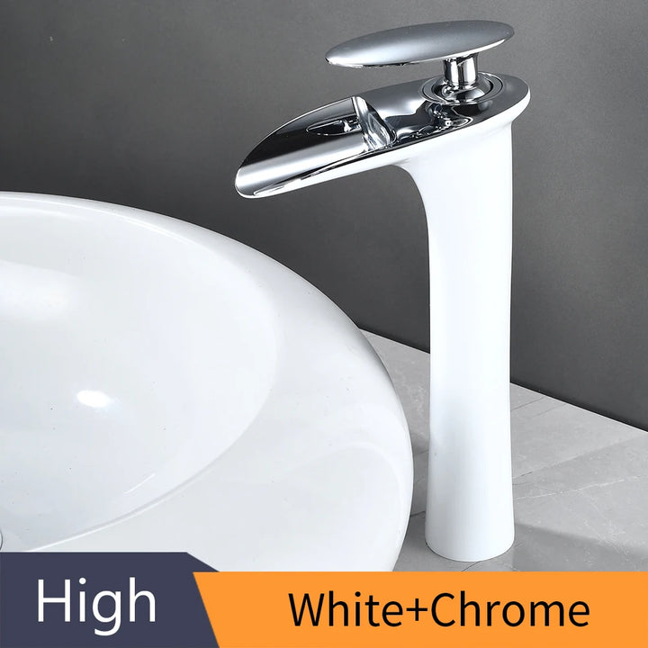 Modern Sleek Brass Waterfall Tall Basin Faucet with Single Handle Hot and Cold Water Mixer