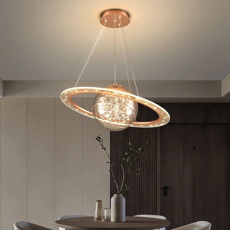 Lámpara nórdica LED Modern Golden Round Planet - iluminación para salón, comedor y dormitorio