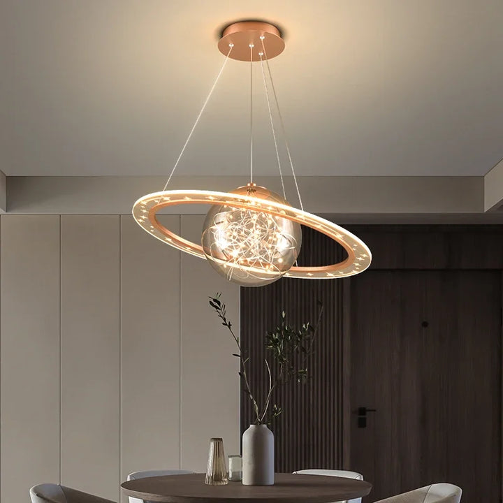 Lustre Nordic LED moderne Golden Round Planet - Luminaire de décoration pour le salon, la salle à manger et la chambre à coucher