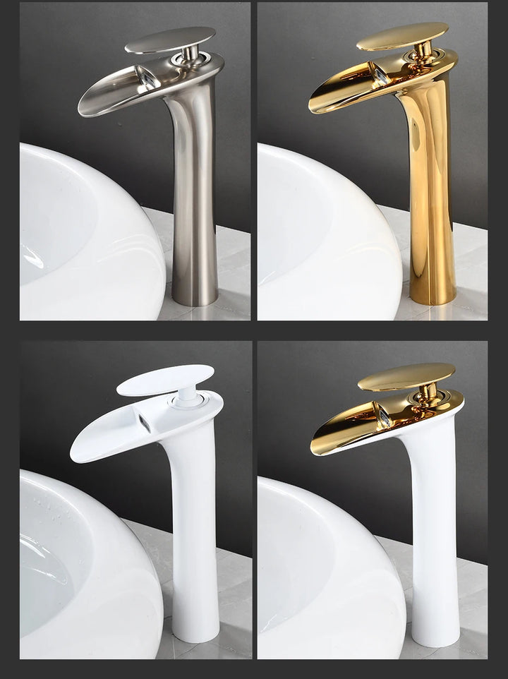Modern Sleek Brass Waterfall Tall Basin Faucet with Single Handle Hot and Cold Water Mixer