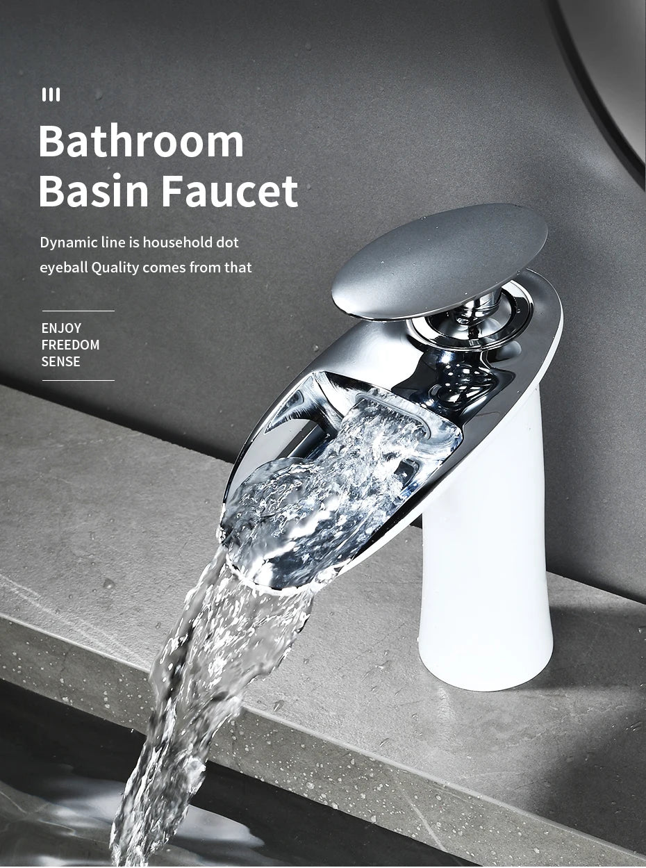 Modern Sleek Brass Waterfall Short Basin Faucet with Single Handle Hot and Cold Water Mixer