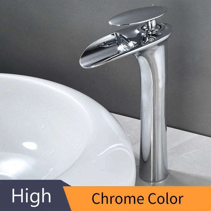 Modern Sleek Brass Waterfall Tall Basin Faucet with Single Handle Hot and Cold Water Mixer