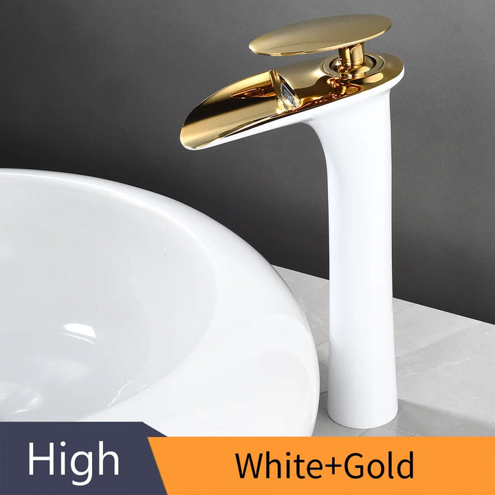 Modern Sleek Brass Waterfall Tall Basin Faucet with Single Handle Hot and Cold Water Mixer