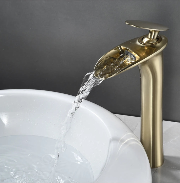 Modern Sleek Brass Waterfall Tall Basin Faucet with Single Handle Hot and Cold Water Mixer