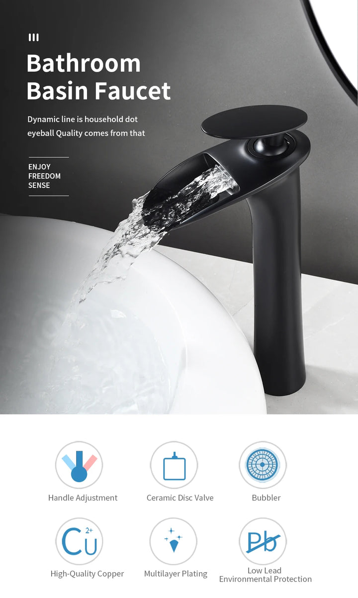 Modern Sleek Brass Waterfall Tall Basin Faucet with Single Handle Hot and Cold Water Mixer