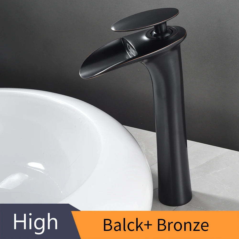 Modern Sleek Brass Waterfall Tall Basin Faucet with Single Handle Hot and Cold Water Mixer